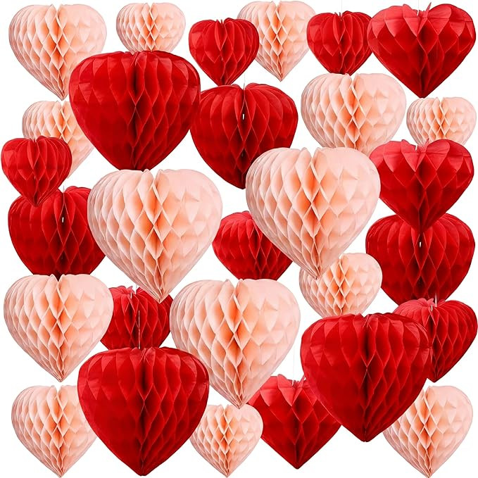 Seajan 30 Pcs Heart Honeycomb Party Decorations Red Blush Pink Tissue Paper Heart Shaped Pom Poms... | Amazon (US)