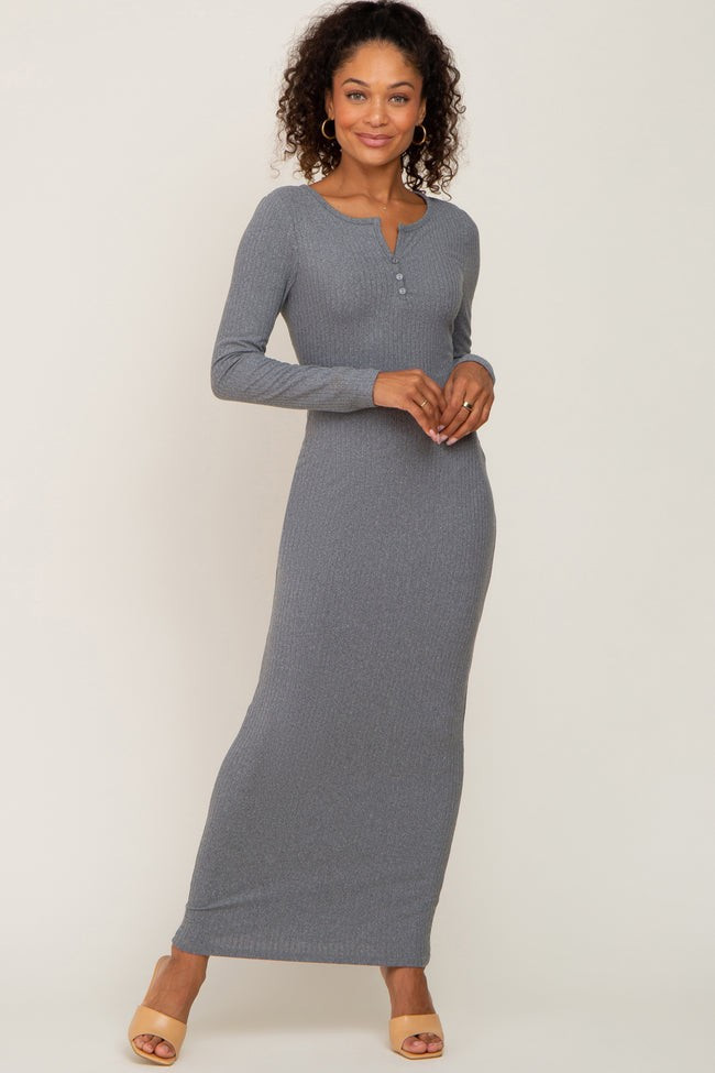 Grey Ribbed Long Sleeve Maxi Dress | PinkBlush Maternity