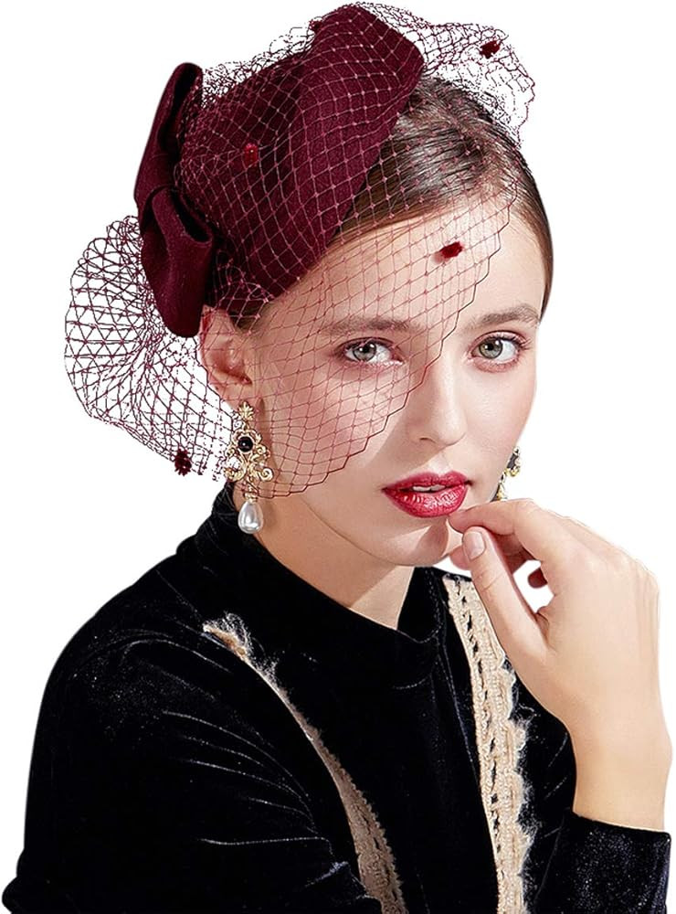 Z&X British Vintage Wool Felt Pillbox Hat Ladies Church Derby Winter Fascinator Hat Veil Flower F... | Amazon (US)
