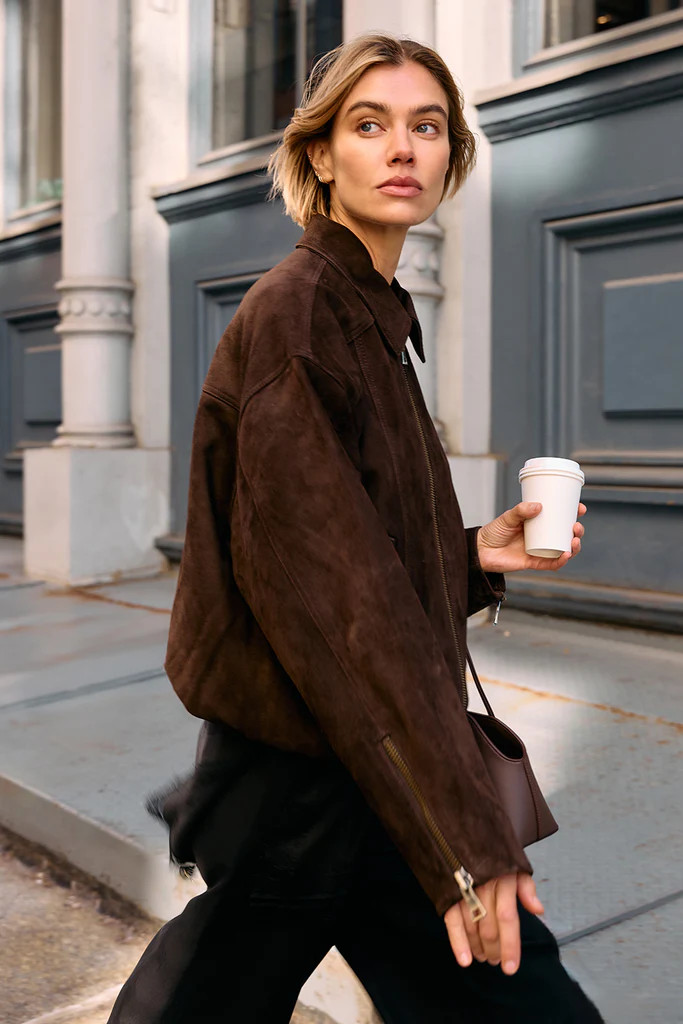 DENVER BITTER CHOC SUEDE LEATHER BOMBER JACKET | DISSH