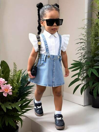 SHEIN Playful Pals 2pcs Baby Girl Set: White Ruffled Cap Sleeve Blouse & Soft Denim Pinafore Skir... | SHEIN