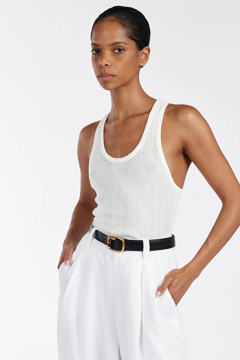ALMA WHITE TEXTURED SCOOP KNIT TANK | DISSH