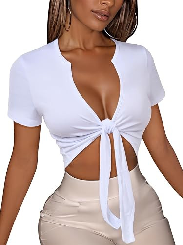 Women's Tie Front Crop Top V Neck Short Sleeve Summer Basic Slim Fit Tees | Soft V neck, Stretchy... | Amazon (US)