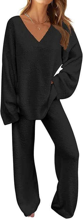 MEROKEETY Women's 2 Piece Outfits Fuzzy Fleece Pajama Set Long Sleeve Top Wide Leg Pants Loungewe... | Amazon (US)