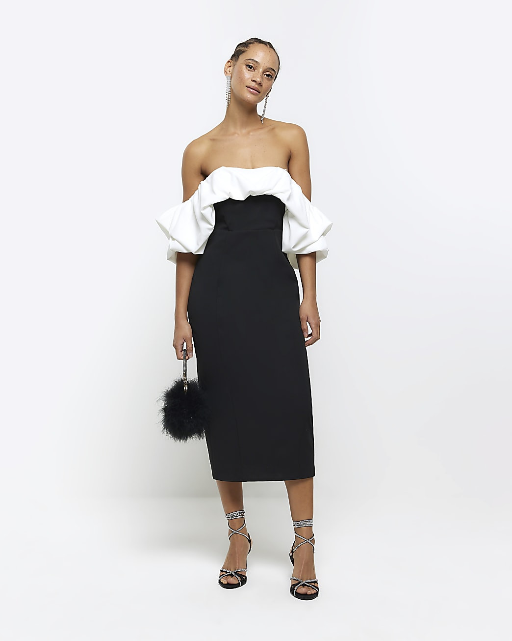 Black bardot boydcon midi dress | River Island (UK & IE)