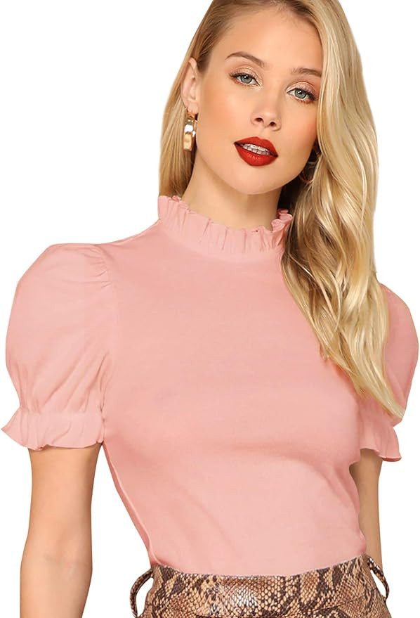 Floerns Women's Casual Frill Mock Neck Short Puff Sleeve Keyhole Back Work Office Blouse | Amazon (US)