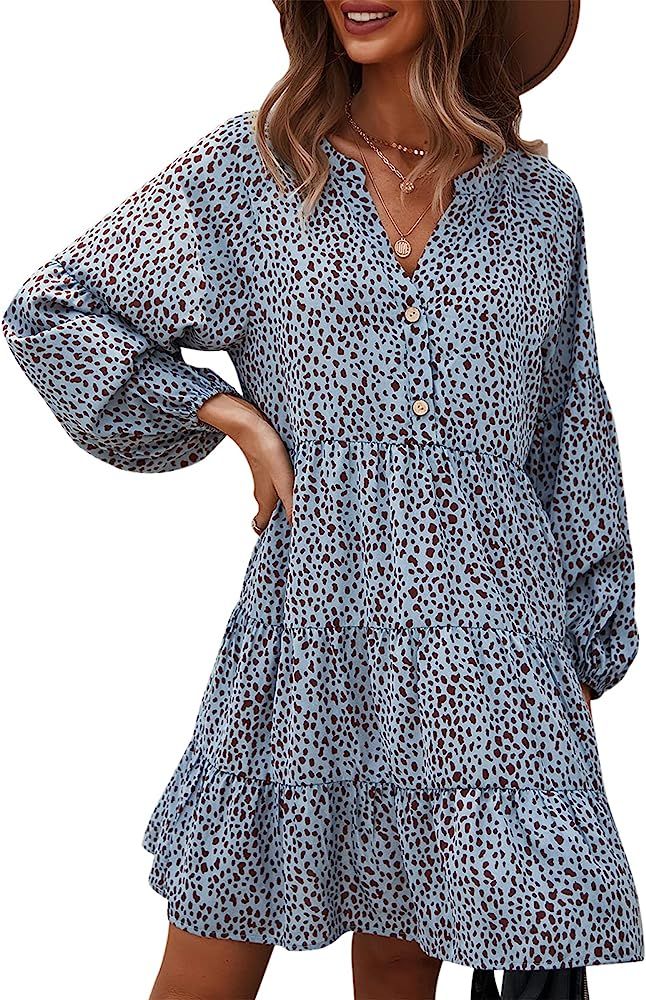 TEMOFON Women's Tunic Dress Leopard Floral Printed Long Sleeve Casual Loose V Neck Ruffle Swing Mini | Amazon (US)