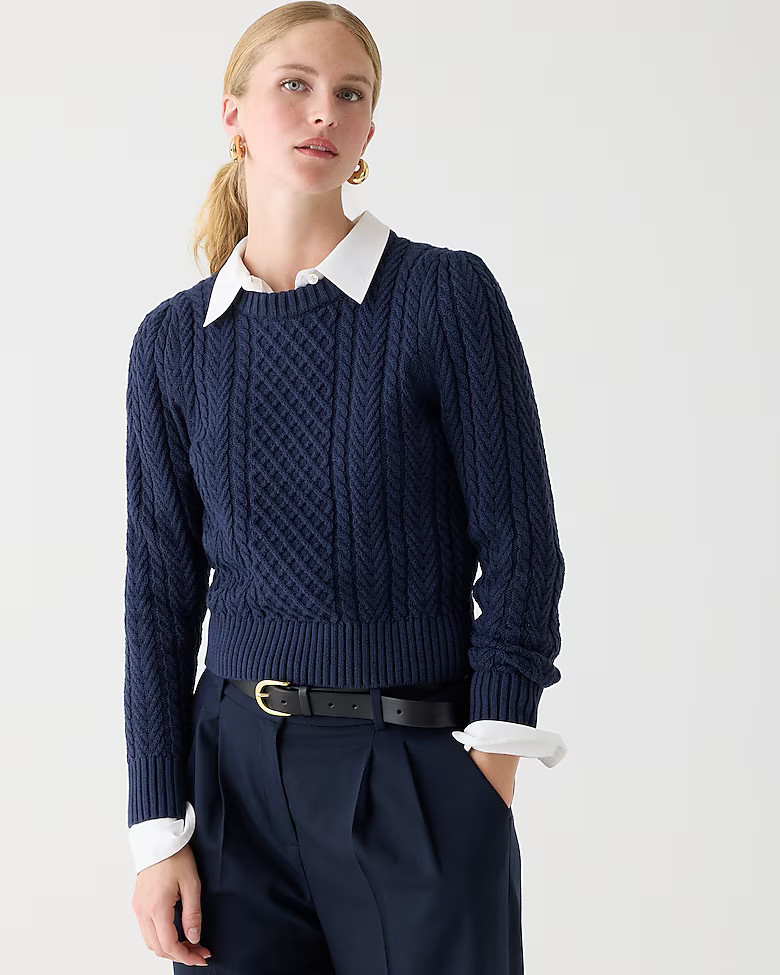 Cable-knit puff-sleeve crewneck sweater | J. Crew US