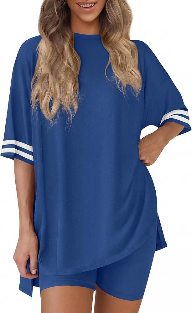 KIRUNDO Women's 2 Piece Lounge Set Airport Travel Outfit 2026 Summer Oversized Shirts Matching Bi... | Amazon (US)