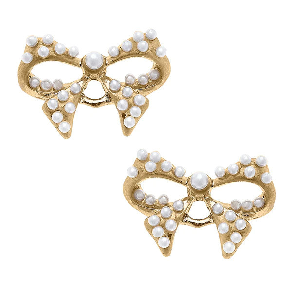 Tillie Pearl-Studded Bow Stud Earrings in Ivory | CANVAS