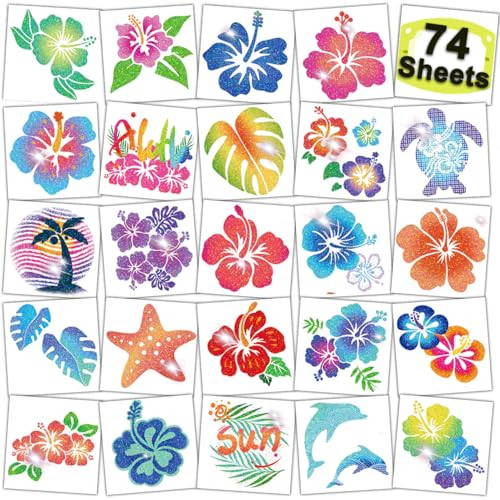 CHARLENT Glitter Hibiscus Temporary Tattoos for Aloha Party Decoration - 74 Individually Sheets G... | Amazon (US)