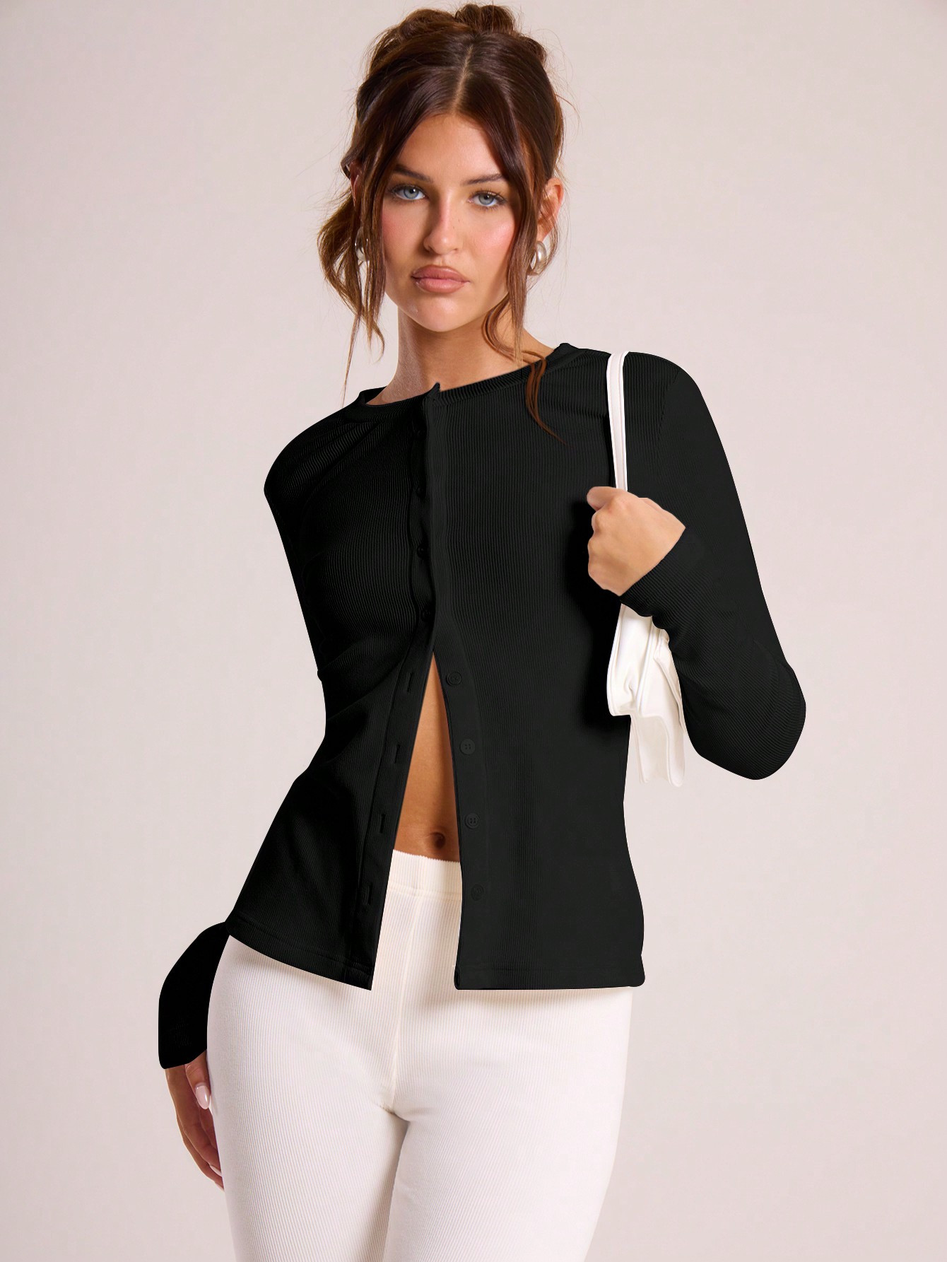 MUSERA Ribbed Button Through Long Sleeve Crew Neck Top | SHEIN USA | SHEIN