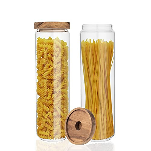 Glass Jars with Acacia Lids – Set of 2 High Borosilicate Glass Containers with Wooden Lids 54oz. Airtight Glass Containers for noodles Cereal Rice Sugar Tea Coffee Beans Stackable Storage Containers | Amazon (US)