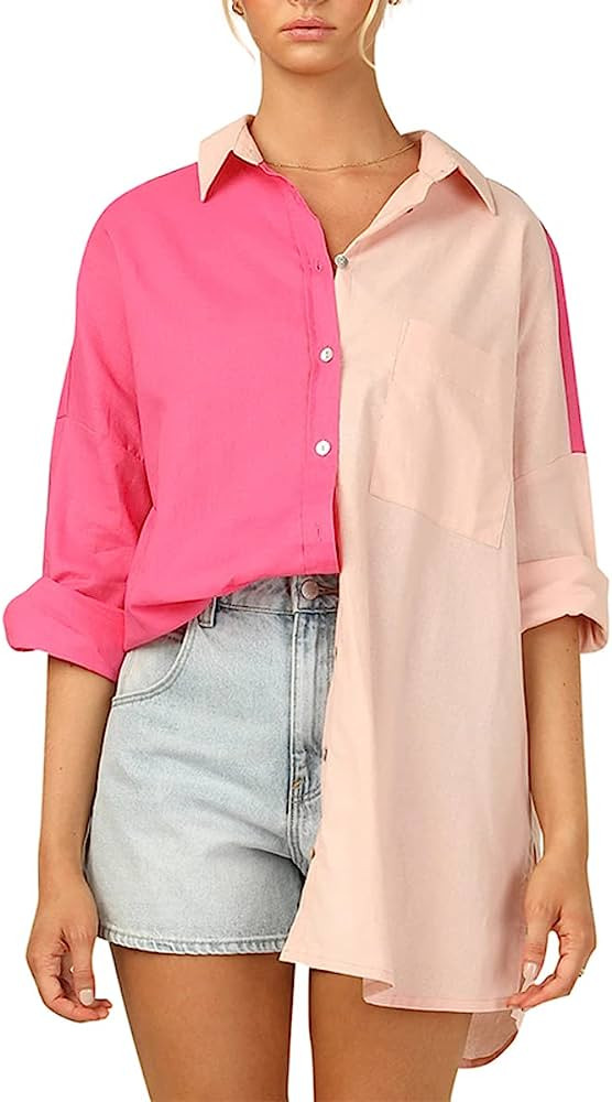 CHYRII Womens Casual Button Down V Neck Shirts Long Sleeve Blouse Tops with Pockets | Amazon (US)