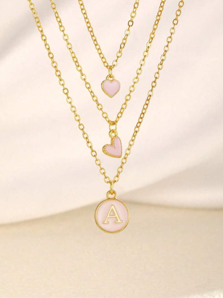 3pcs/Set Sweet Pink Initial Letter & Heart Pendant Necklace Suitable For Kids Girls Family Friend... | SHEIN