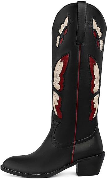 WIRALOMI Butterfly Embroidered Cowboy Boots for Women Vintage Round Toe Chunky Heel Mid Calf West... | Amazon (US)