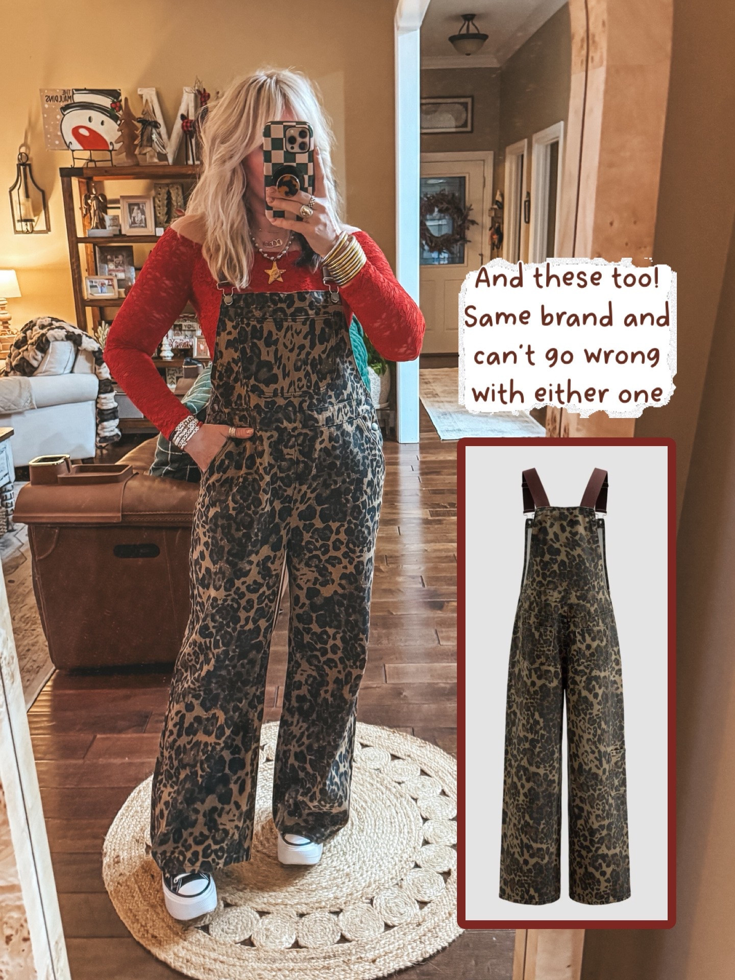 These leopard overalls are the same brand as the polka dot ones. I sized up for an oversized fit. I’m a size large. 
This Amazon top is adorable. It’s an off shoulder lace style and I’m in a medium.

#LTKOver40