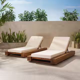 Broadway Teak Brown Removable Cushions Wood Outdoor Chaise Lounge with Cream Cushions (2-Pack) | The Home Depot