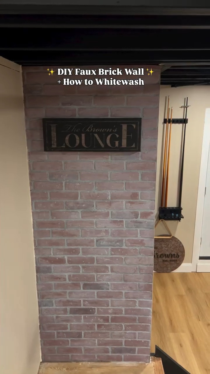 DIY FAUX BRICK WALL + WHITEWASHING 🧱🤌🏽 (if the faux brick we used is still out of stock, message me on IG for the link to a similar one! It wouldn’t let me add here) 
 
#basementrenovation #diyhouseprojects #fauxbrick #whitewashbrick #brownslounge

#LTKdayinmylife #LTKHome