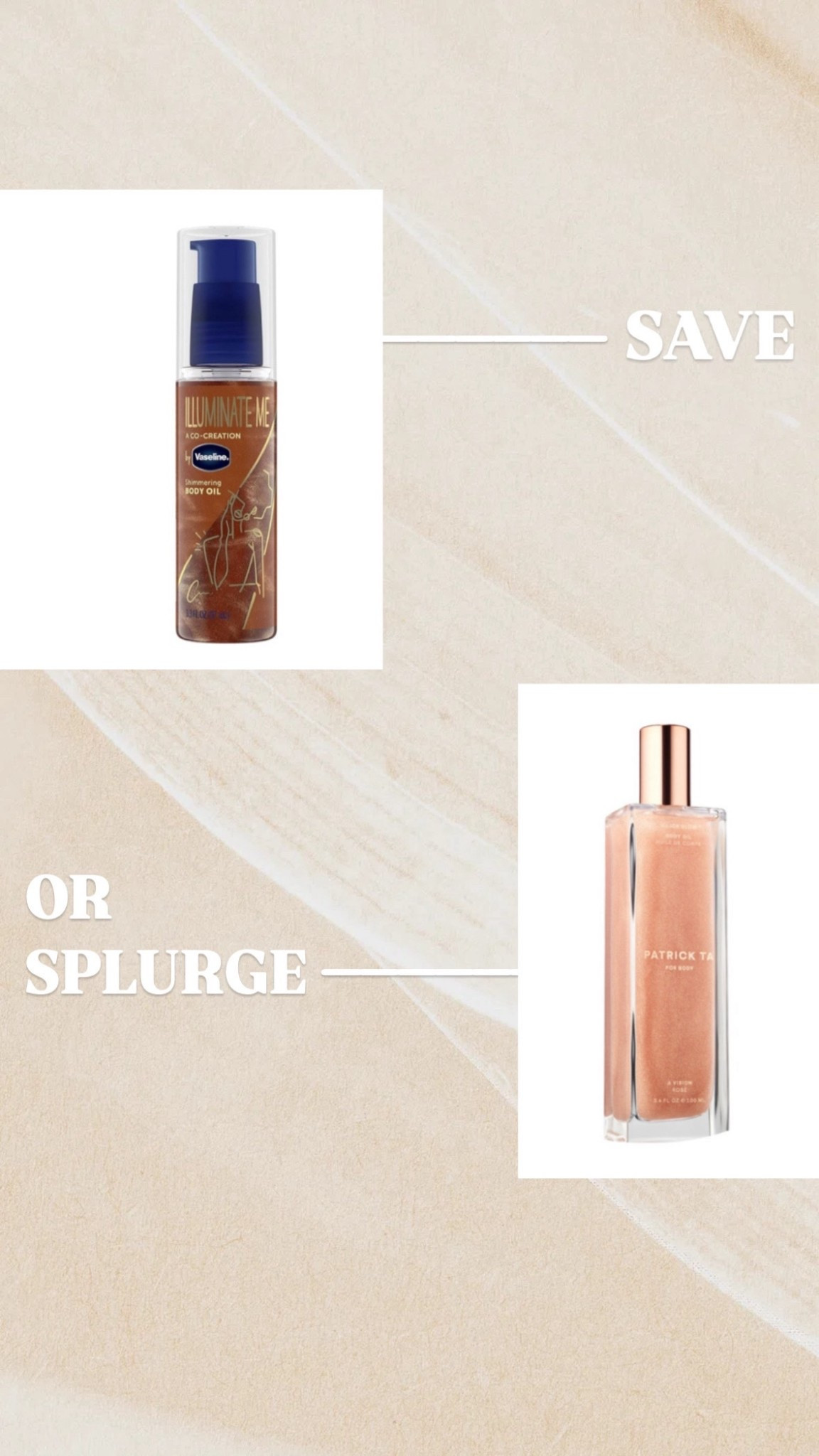 Save or splurge? Vaseline has a glowy body oil that looks so similar to the Patrick Ta one!

#LTKBeauty #LTKSaleAlert #LTKFindsUnder50