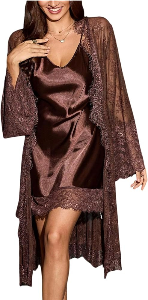 SHENHE Women's Satin Lace Pajamas Set Sexy Slip Nightgown 2 Piece | Amazon (US)