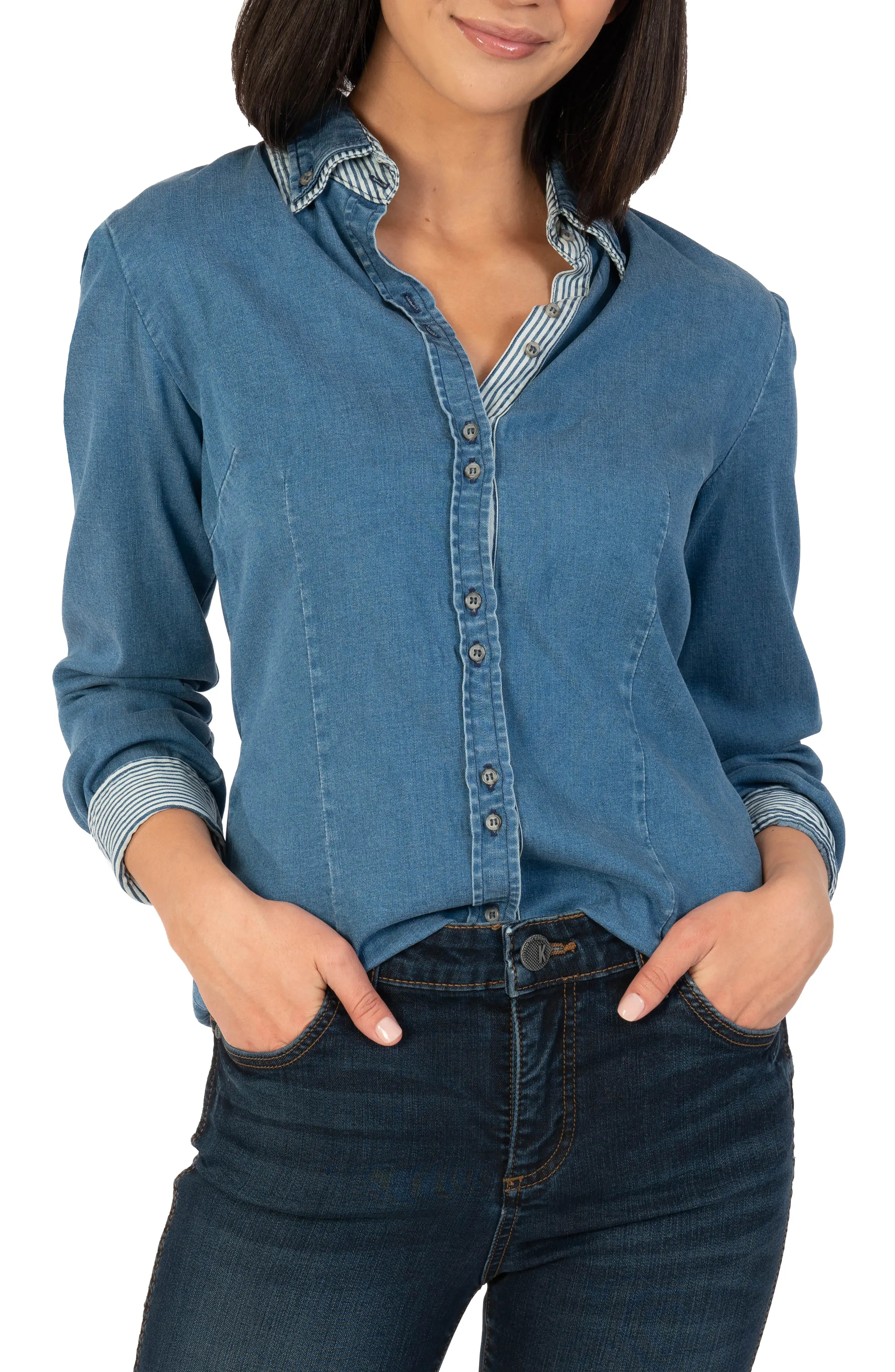 KUT from the Kloth Bryniee Chambray Shirt, Size Large in Medium Wash at Nordstrom | Nordstrom