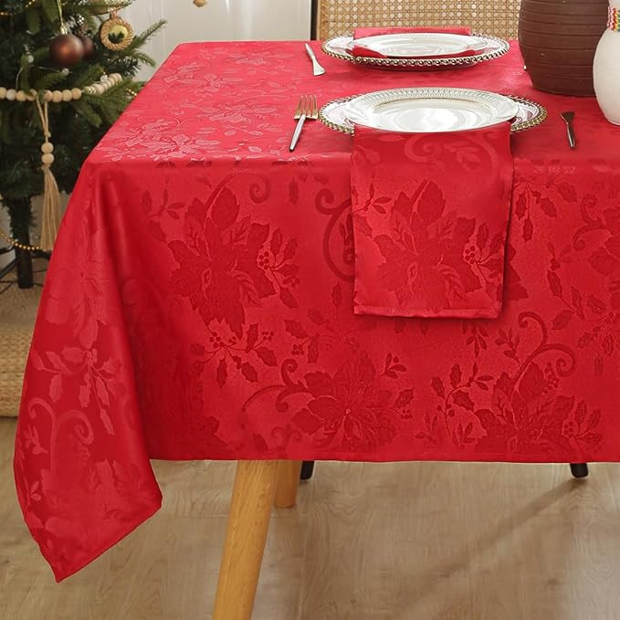 SASTYBALE Christmas Table Cloth Rectangle Red Poinsettia Jacquard Tablecloth 60 x 84 Inch, Waterp... | Amazon (US)