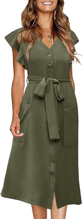 MITILLY Women's Boho Polka Dot Flutter Short Sleeve V Neck Button Down Swing Midi Dress with Pock... | Amazon (US)