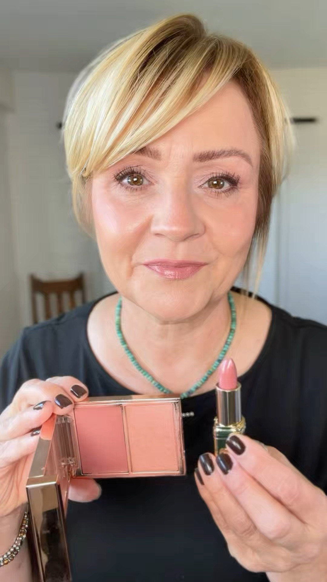 Neutral Fall Pink Lip and Cheek Combo. 
Blush in Not Too Much
Liner in Girl Talk
Lipstick in Fairest Nude