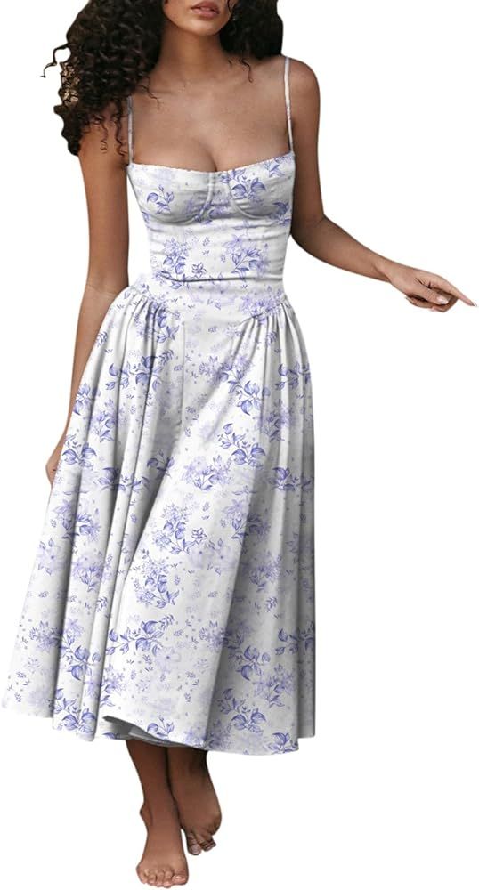 Womens Corset Dress Elegant Spaghetti Strap Bustier Midi Dress Flowy Pleated Hem Low Cut Prom Dre... | Amazon (US)