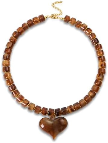 Brown Acrylic Puff Heart Pendant Necklace for Women Exaggerated Statement Chunky Resin Beaded Str... | Amazon (US)