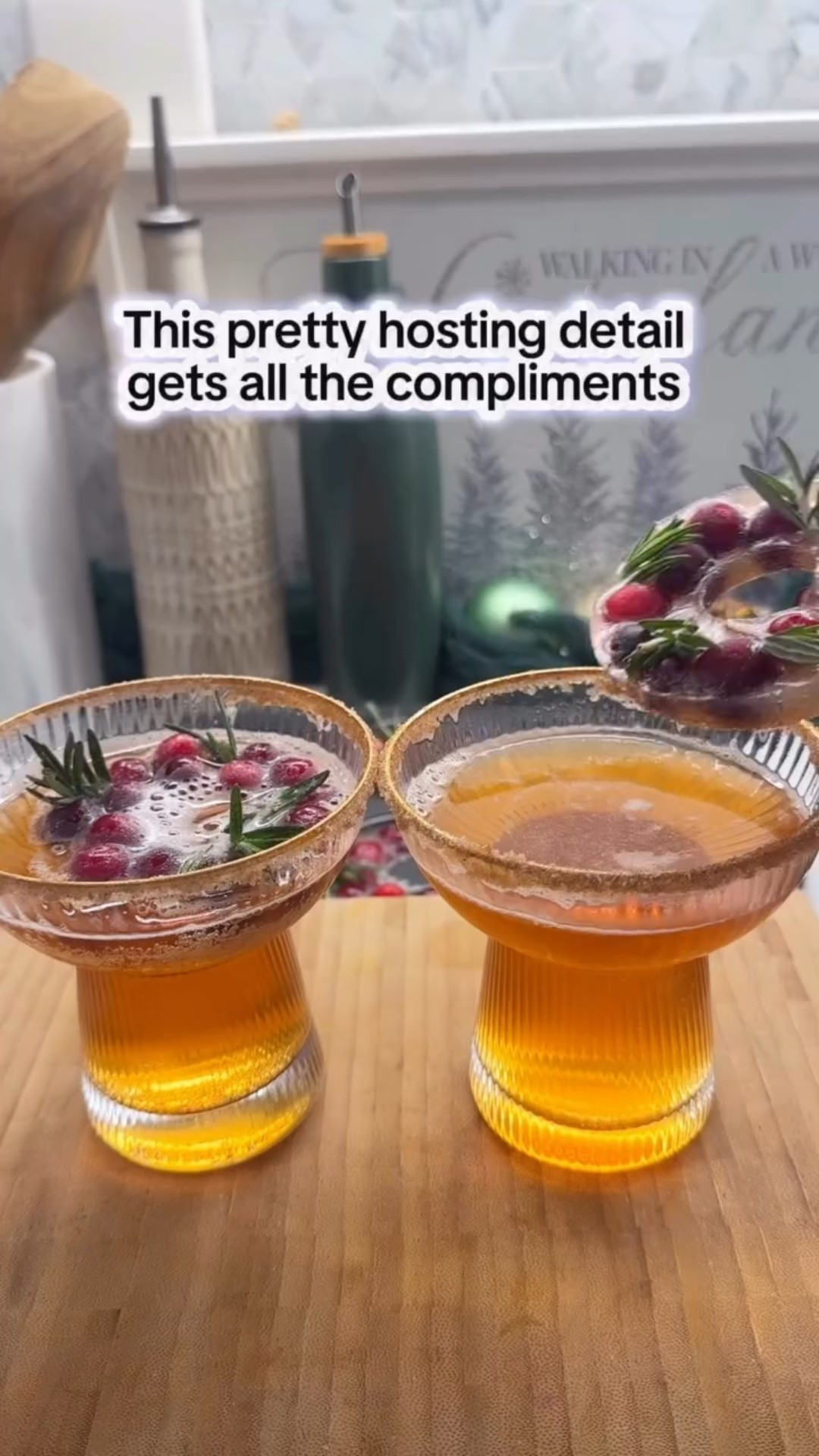 This pretty little detail instantly makes everything feel festive and jolly. The colors are beautiful, and it’s the perfect finishing touch for this time of year. Works just as well for cocktails and mocktails — save this for your next get-together. ✨

How to make the ice:

Add cranberries and rosemary to a donut pan, fill all the way with water, and freeze until solid. Let the pan sit at room temp for a few minutes, then gently pop the rings out. That’s it ✨

Follow for more simple, pretty hosting ideas 🤍

#holidayhosting #festivedrinks #entertainingideas #cocktailinspo #mocktailideas #hosting