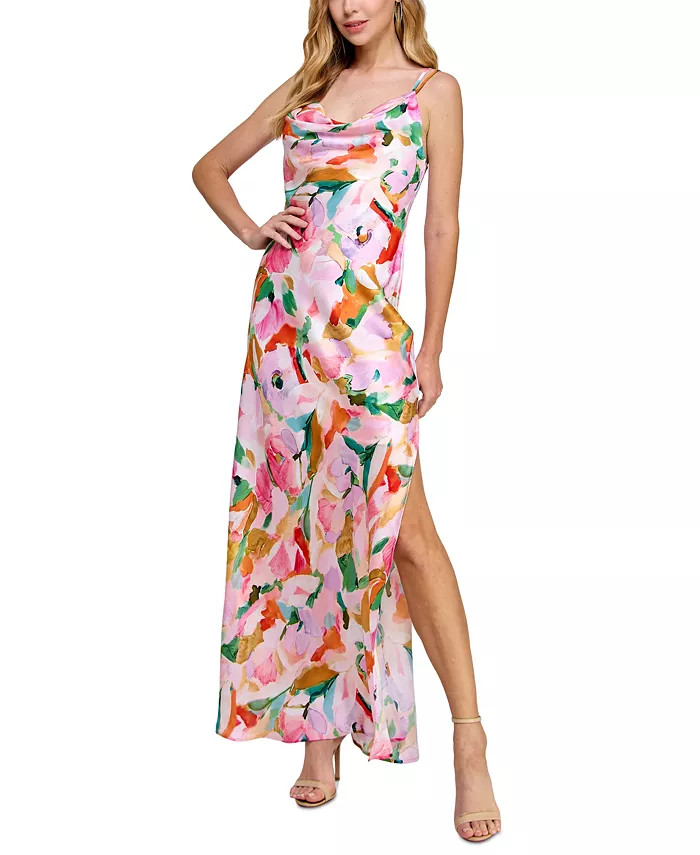 Juniors' Floral Cowlneck Maxi Dress | Macy's