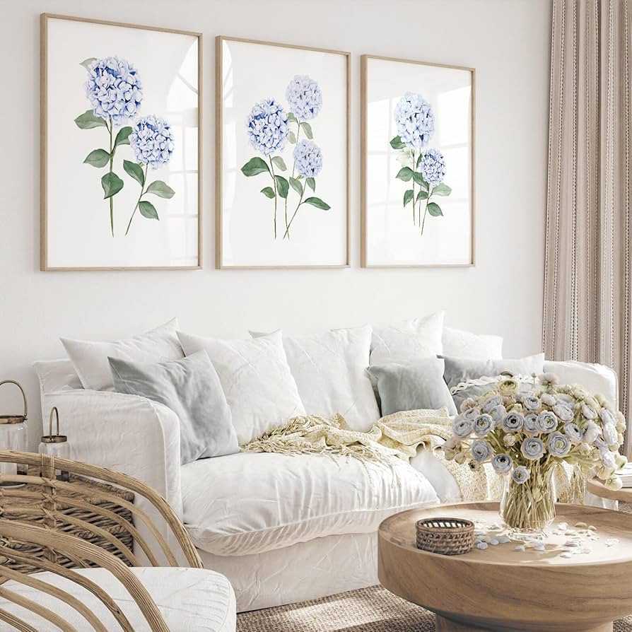 JarThenaAMCS 3Pcs Hydrangea Floral Canvas Wall Art Prints Watercolor Blue Flower Art Poster Botan... | Amazon (US)