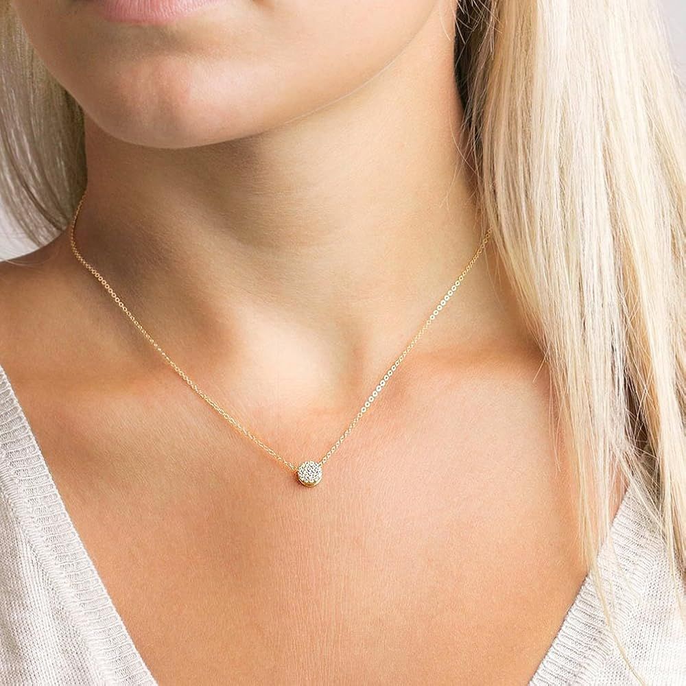 Valloey Rover Tiny Dot Pendant Necklace,Dainty 14K Gold Plated Sterling Silver Round Dot Circle CZ C | Amazon (US)