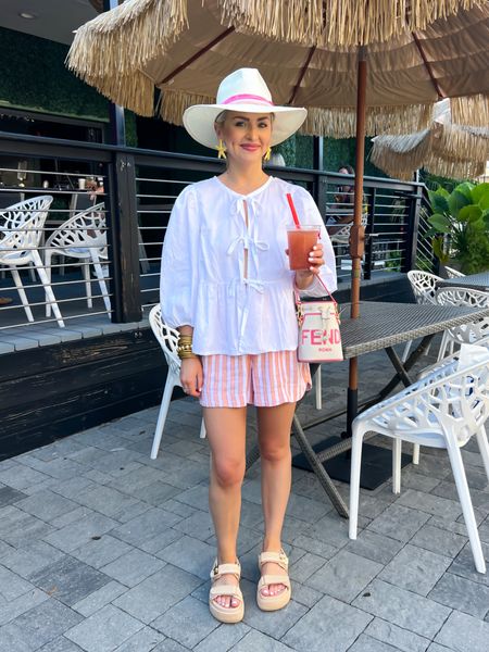 White front tie top (SM) / stripe boxer shorts (XS) / stripe shorts / bigmona platform sandals (normal size 7) / starfish earrings / casual summer outfit / casual vacation outfit 

#LTKFindsUnder50 #LTKTravel