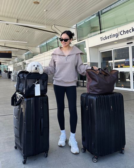 Airport outfit / travel outfit 

Varley zip up sweatshirt xs
Leggings small 
Veja sneakers tts 
Dog travel essentials 

#LTKtravel