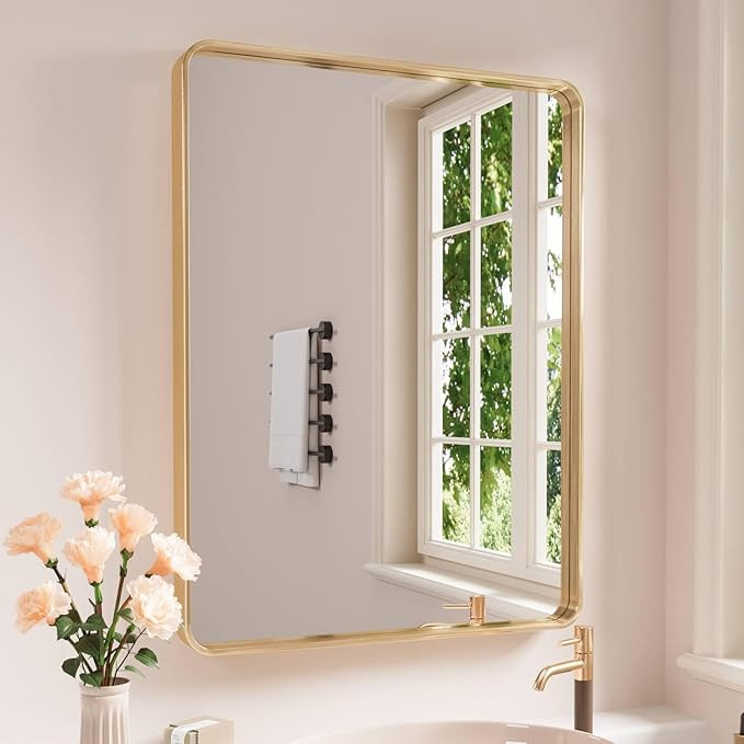 Gold Bathroom Mirror, 24x32 Inch Brushed Gold Metal Frame Mirror for Wall, Rounded Rectangle Bath... | Amazon (US)