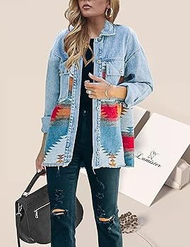 Lumister Women's Aztec Denim Jacket Distressed Lapel Long Sleeve Vintage Button Down Denim Jacket... | Amazon (US)