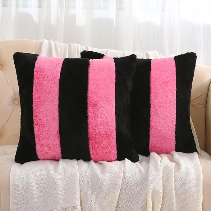 Black and Pink Striped Throw Pillow Covers 18x18 Inch Set of 2,Fall Decorations for Home,Decorati... | Amazon (US)