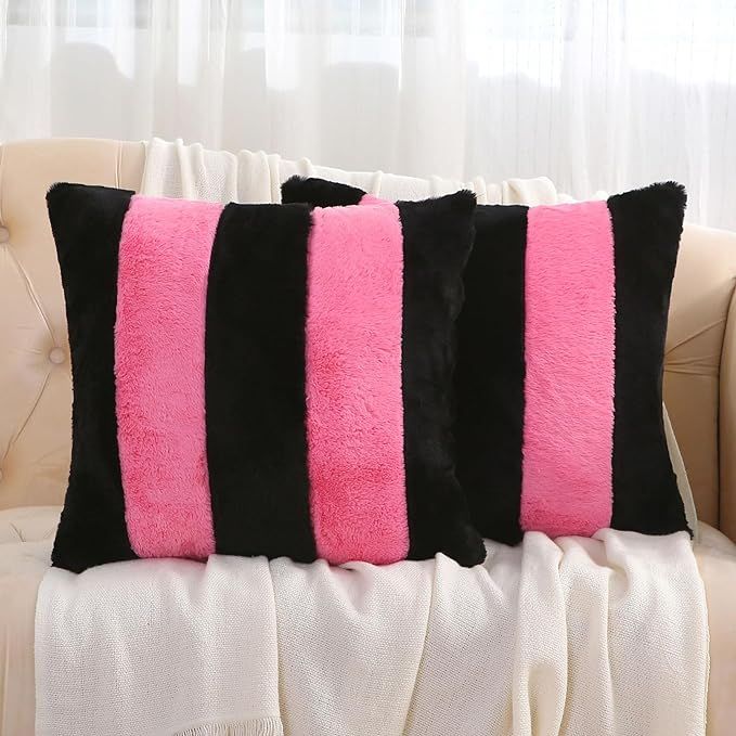 Black and Pink Striped Throw Pillow Covers 18x18 Inch Set of 2,Fall Decorations for Home,Decorati... | Amazon (US)