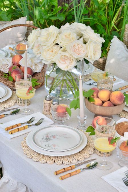 Summer Entertaining, summer tablescape, summer decor, Amazon home, bamboo flatware, woven placemats, chargers, coupe glasses, grace rose farm, garden roses, basket, vintage gathering basket, tablecloth, ruffle tablecloth

#LTKhome #LTKunder50 #LTKSeasonal