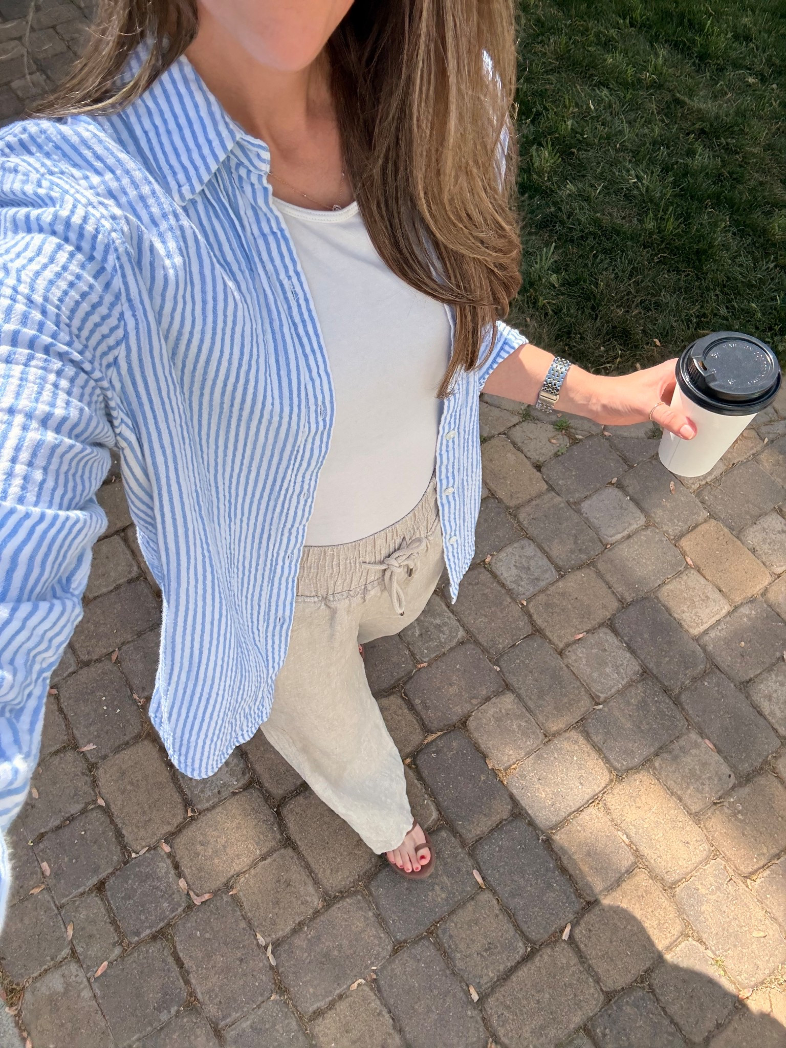 European summer outfit = blue stripe button down + linen pants 🤍 The easiest linen pants outfit for hot days, errands, or a casual travel look. I’m 5’4” and these linen pants are the 30” length for reference. Use my Quince code: INFG-26LINENANDLIGHTCO10.

#LTKmomlife #LTKSeasonal #LTKootd