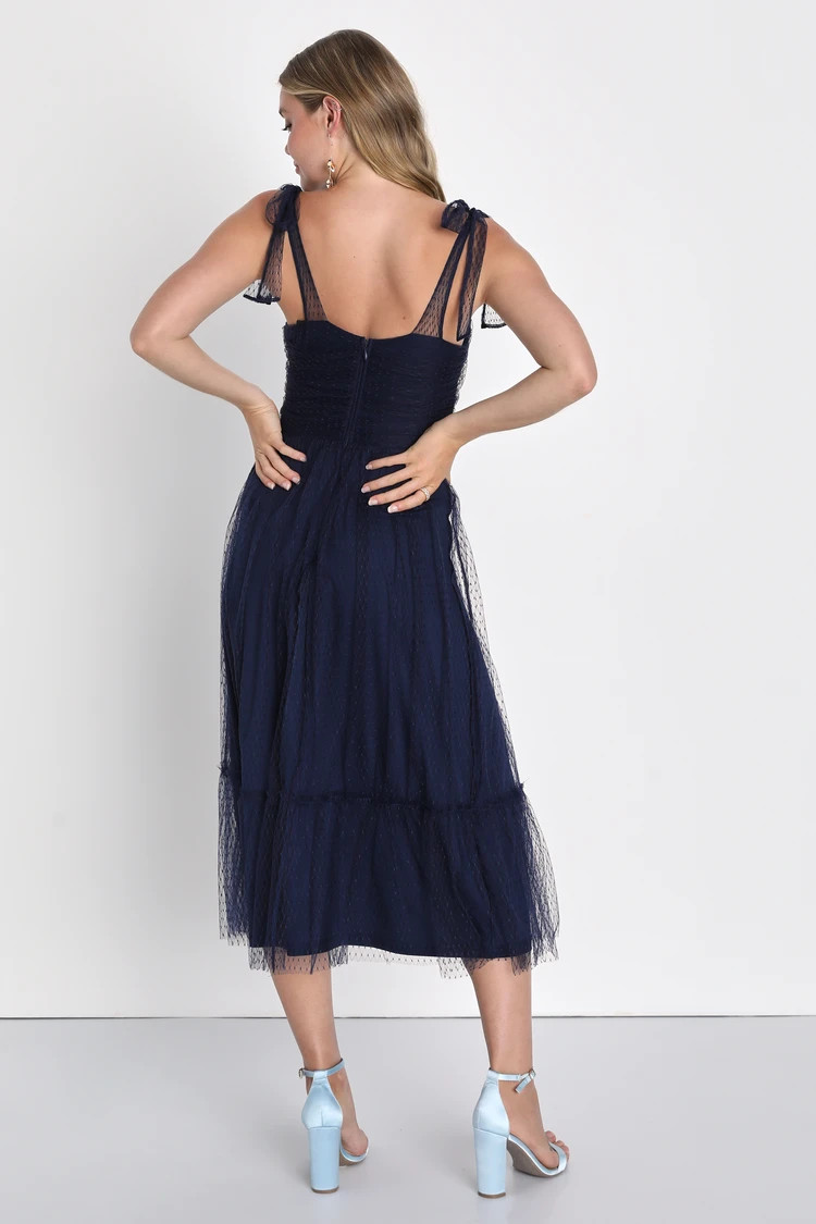 Perfectly Confident Navy Mesh Swiss Dot Tie-Strap Midi Dress | Lulus