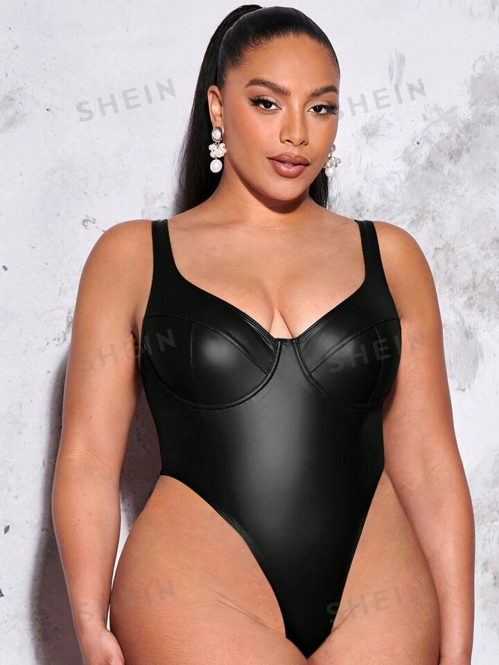 SHEIN BAE Plus Solid PU Leather Bodysuit | SHEIN