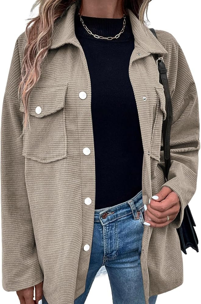 Astylish Womens Waffle Knit Long Shacket Jacket Oversized Casual Blouses Button Down Collared Dre... | Amazon (US)