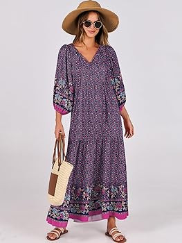ANRABESS Womens Boho Maxi Dresses 2026 Summer V Neck Puff Sleeve Floral Flowy Swing Fall Casual L... | Amazon (US)