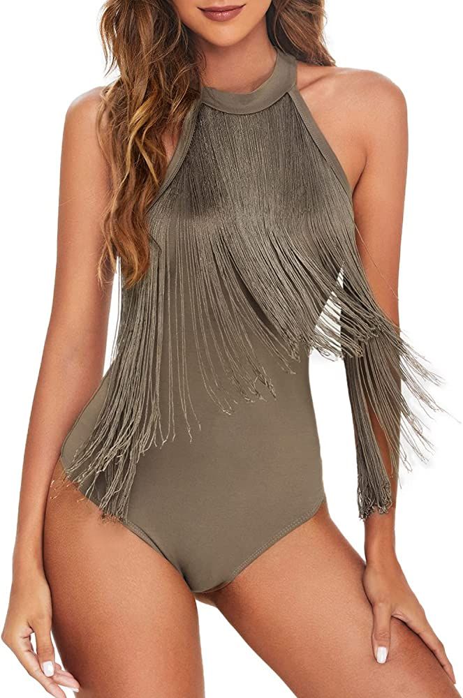 Verdusa Women's Fringe Trim Sleeveless Bodycon Halter Bodysuit Top | Amazon (US)