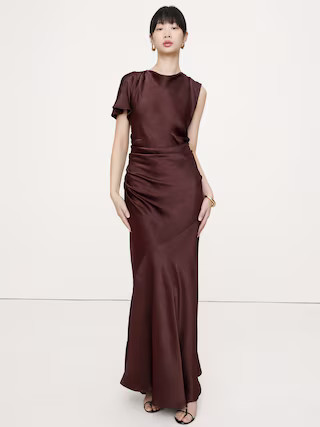 Asymmetrical Hammered Satin Draped Maxi Dress | Banana Republic (US)