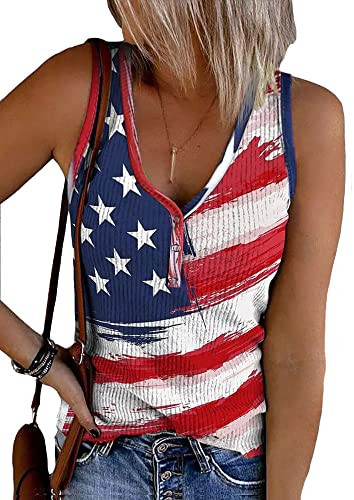 Womens American Flag Button V-Neck Tank Coloful Printed Sleeveless Patriotic Shirts Summer Tops (M, Red-A) | Amazon (US)